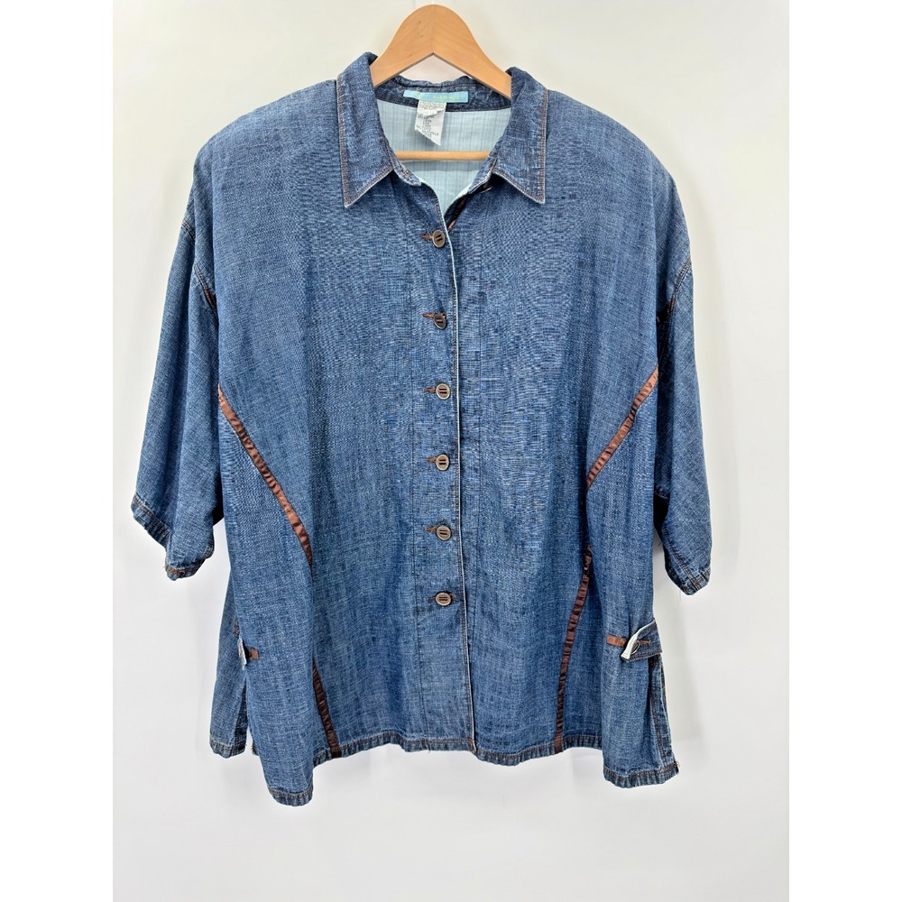 Alain Weiz Denim Button Up Casual Top Satin Trim Tencel Linen 20 2X Lagenlook